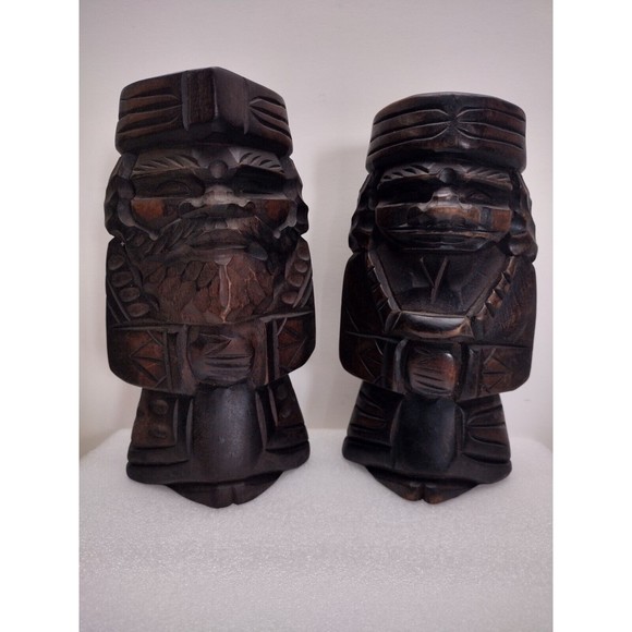 VINTAGE JAPANESE HOKKAIDO AINU CARVED STATUES‎ MAN & WOMAN 7" TALL FOLK ART - Picture 1 of 13